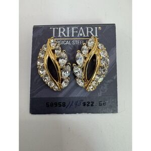 Vintage Trifari TM Gold Tone Crystal Rhinestone Earrings - New On Tag
